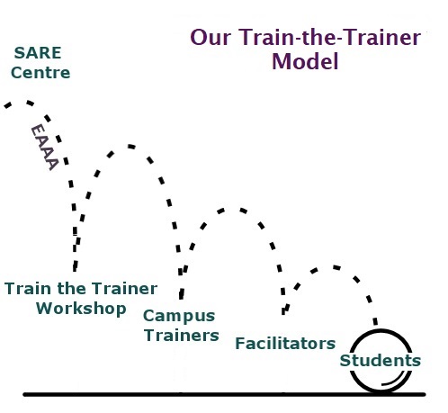This image shows a ball labelled "EAAA" dropped from the SARE Centre at left top of the screen down to and bouncing off of the words "Train-the-Trainer Workshop" in a parabolic arc. The ball subsequently bounces off of the words "Campus Trainers" and "Facilitators" and lands on the word "Participants" in subsequent and diminishing parabolic arcs.
